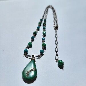 VTG 925 Sterling Silver Turquoise Teardrop Pendant Necklace Green Blue Boho